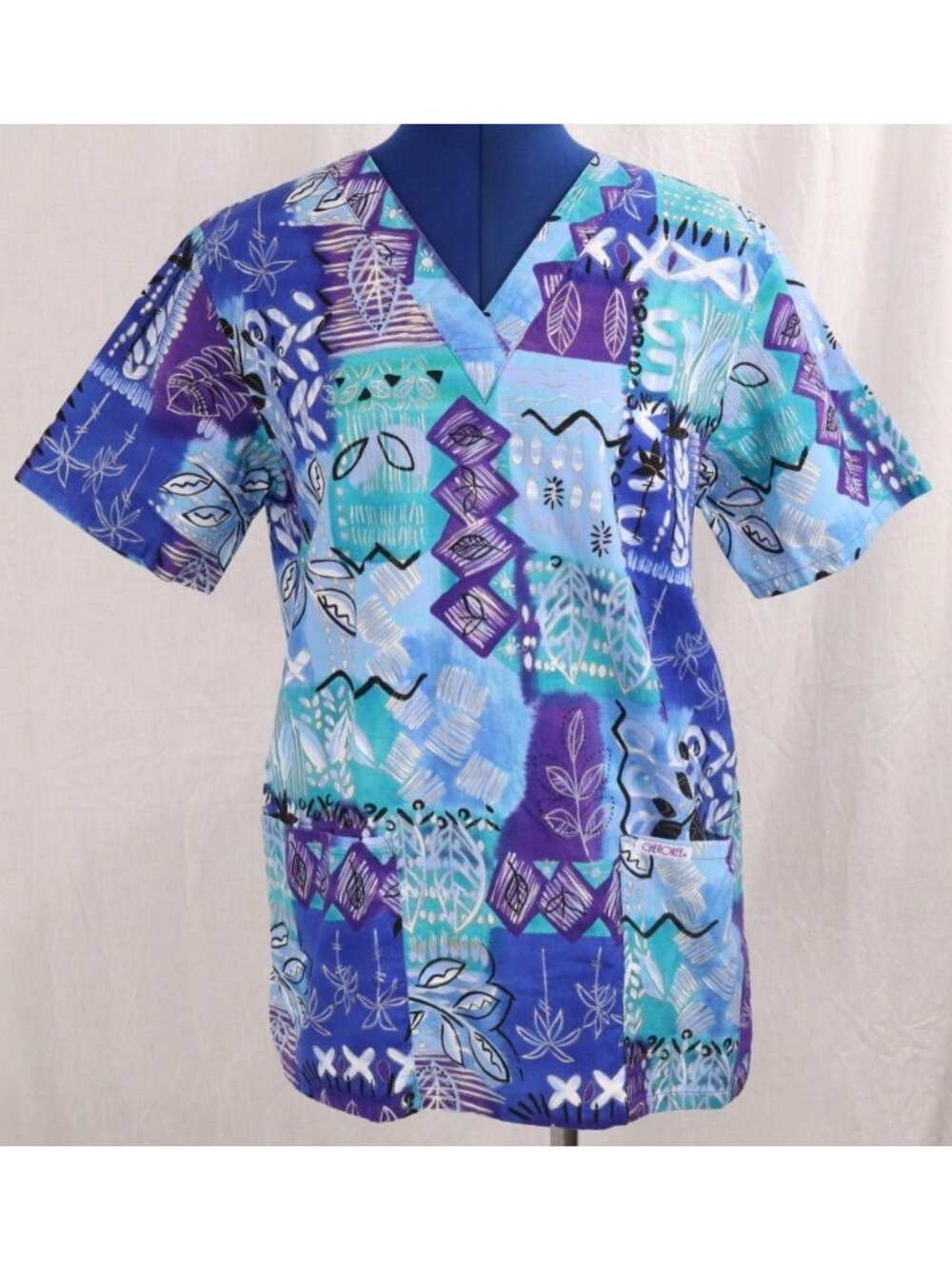 Scrub Top Women S Blue Abstract Patchwork Tribal Boho Y2K Festival Motif Shirt - Picture 1 of 12